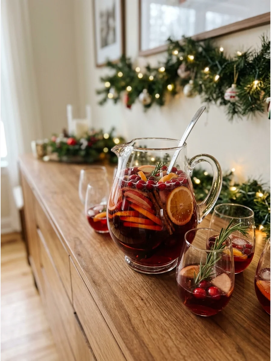 Spiced Christmas sangria with layers of festive fruit.