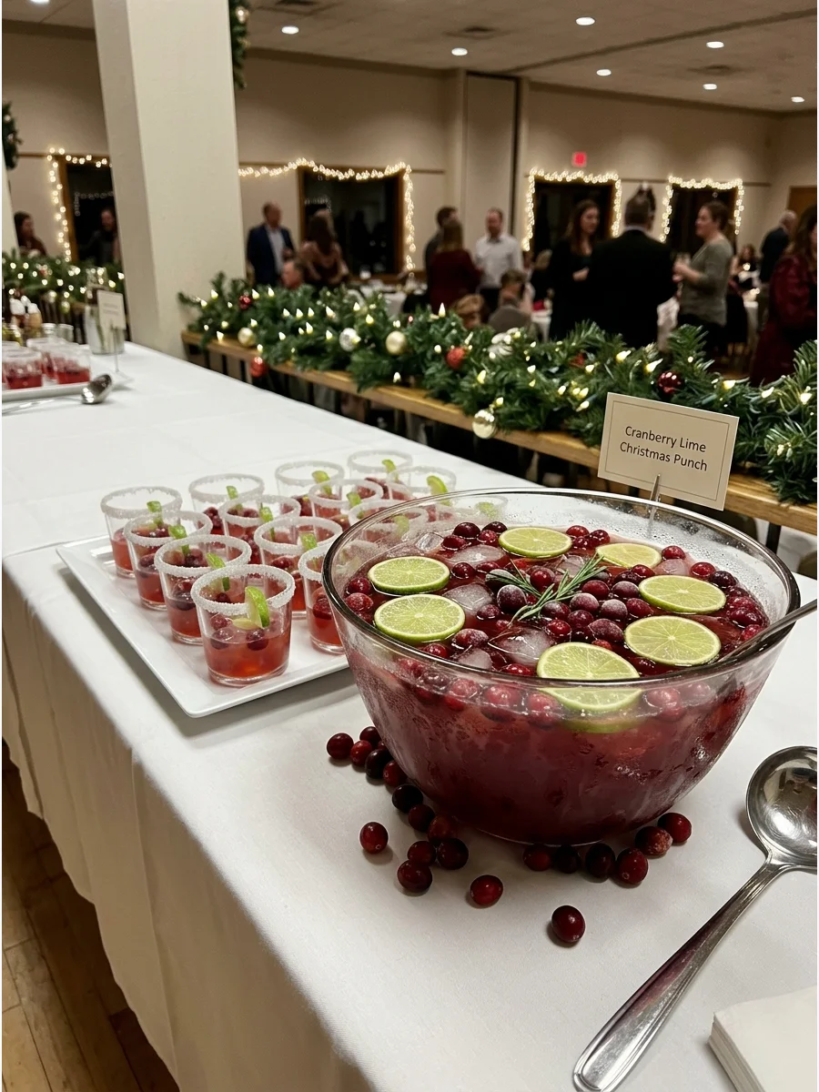 Large punch bowl at an event station with lime slices and cranberries.