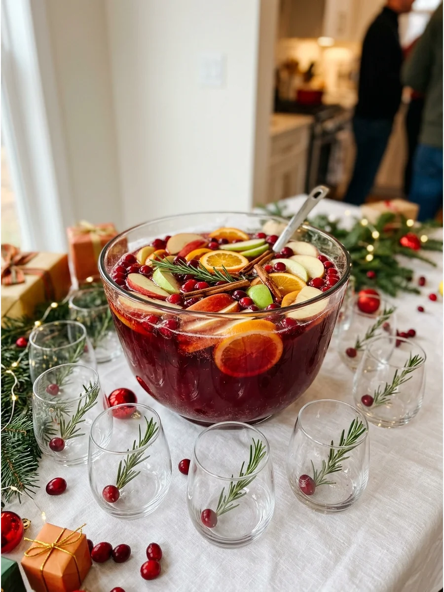 Cranberry apple prosecco punch with red and green apple slices.