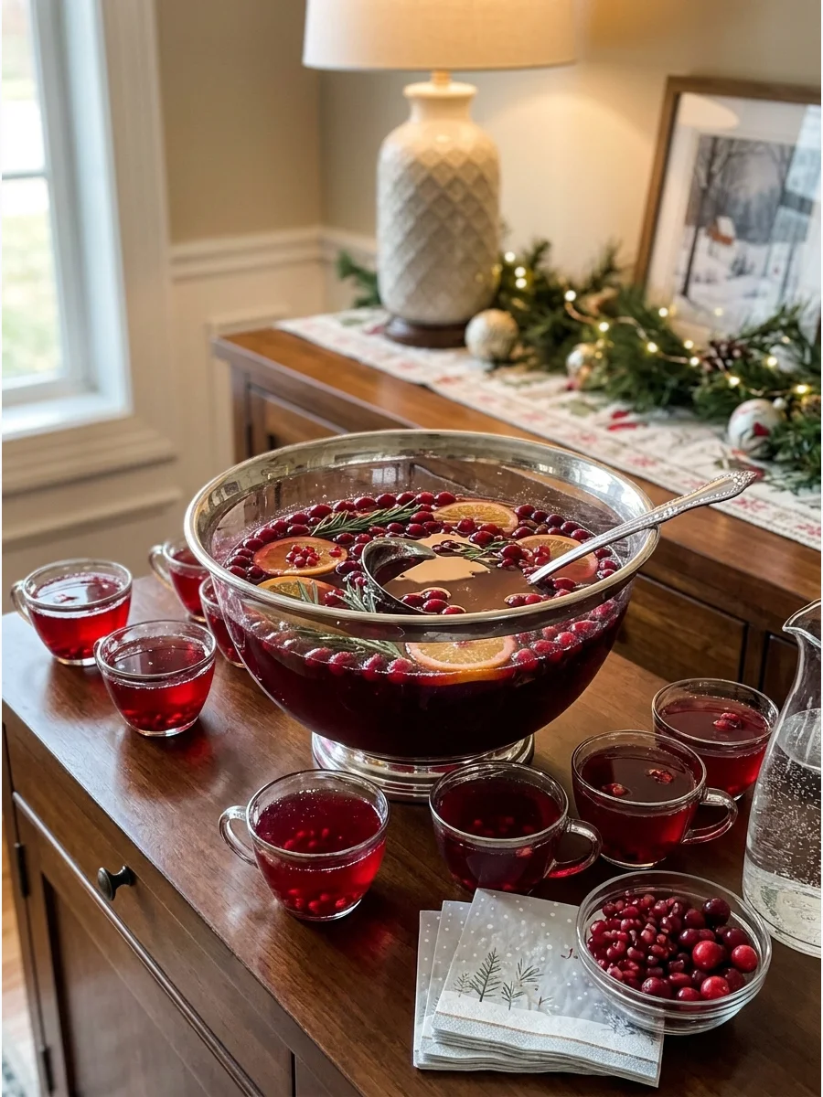 Ruby red pomegranate punch in a silver-rimmed bowl on a sideboard.