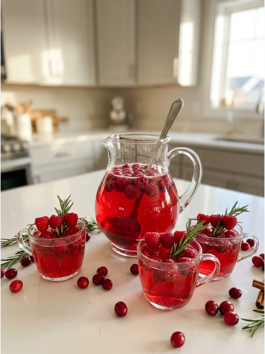 Pitcher of berry punch on a kitchen island with fresh raspberries.