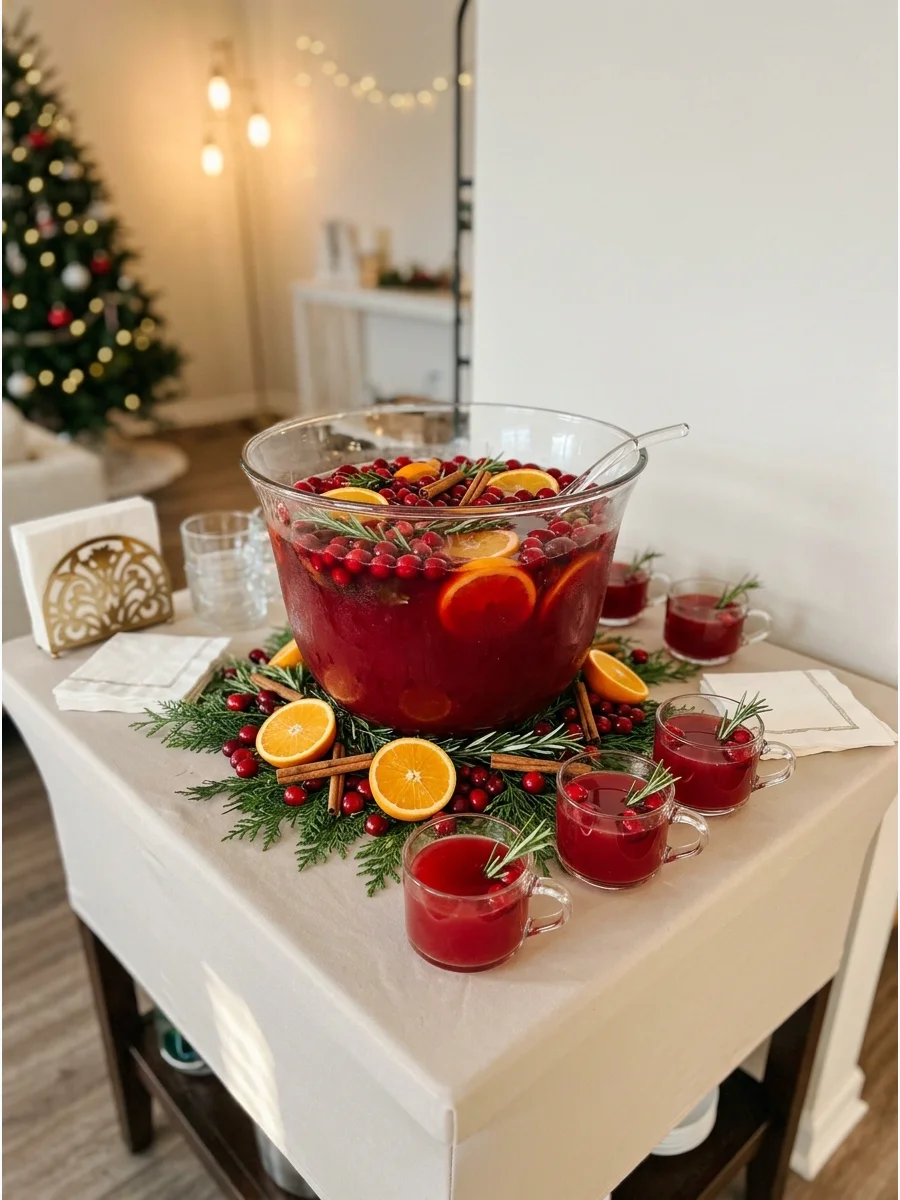 A classic red fruit punch in a glass bowl on a buffet table with greenery.