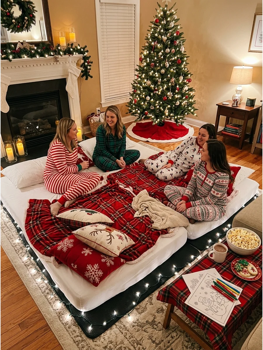 A living room setup with floor mattresses and guests in Christmas pajamas.