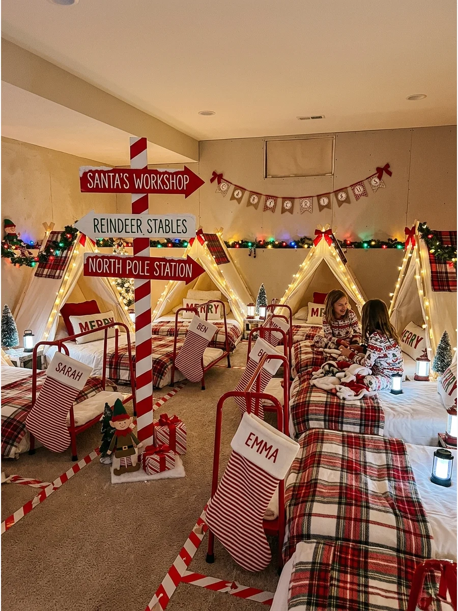 A North Pole-themed sleepover with a signpost and red stockings.