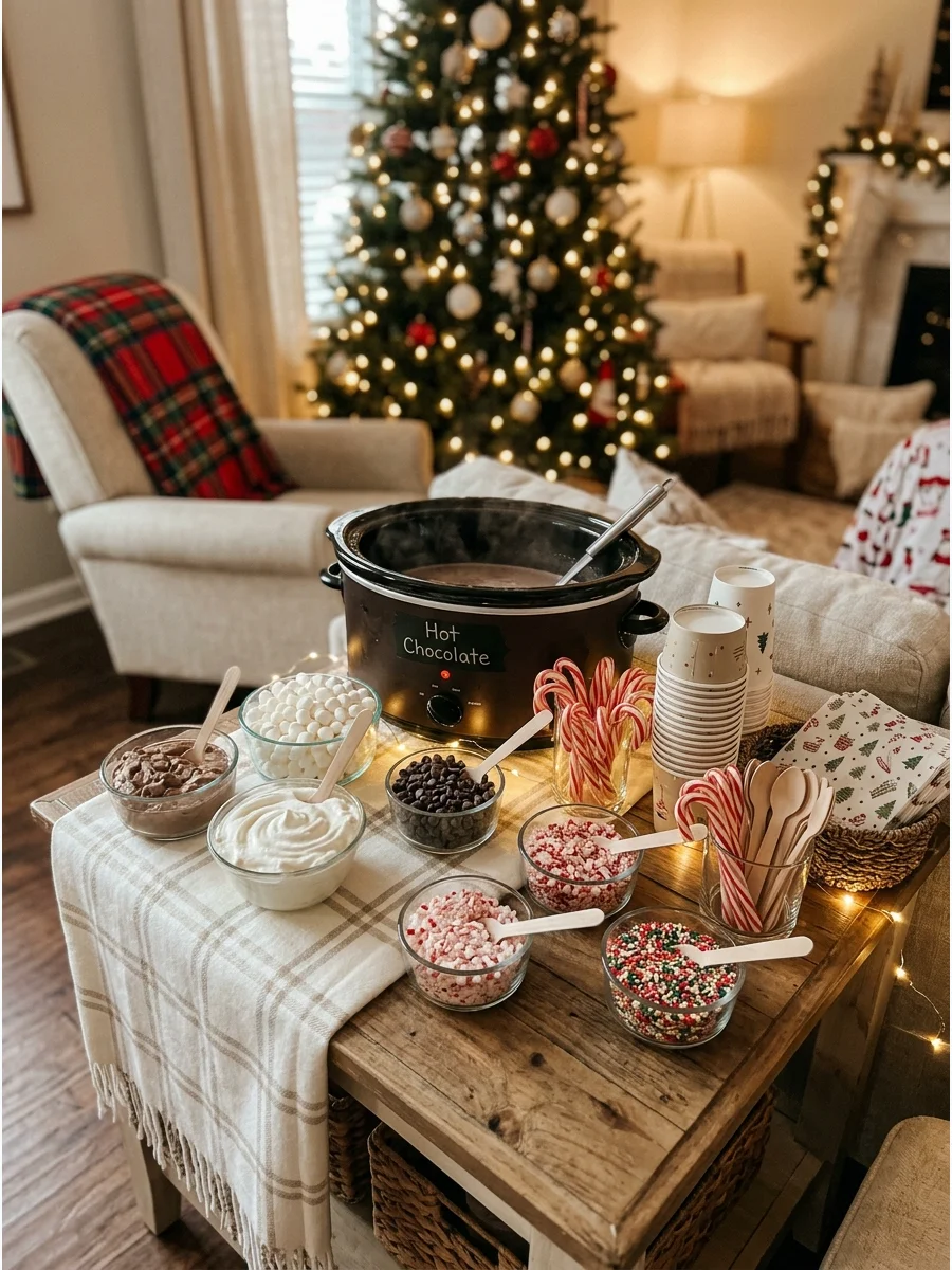 A self-serve hot cocoa station with marshmallows and candy canes on a decorated table.