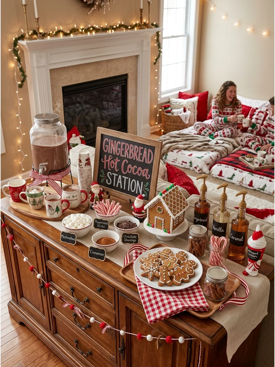 Gingerbread cookies and hot chocolate mugs arranged on a red and white tray.