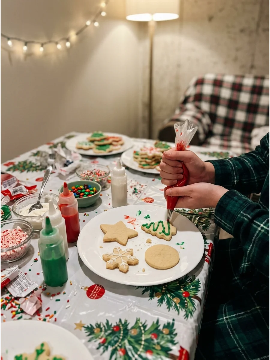 Sugar cookies and decorating supplies laid out on a festive tablecloth.