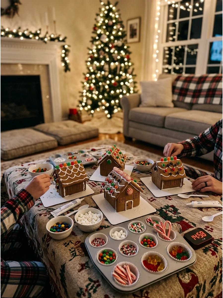 Miniature gingerbread houses being decorated with colorful candies on a living room table.