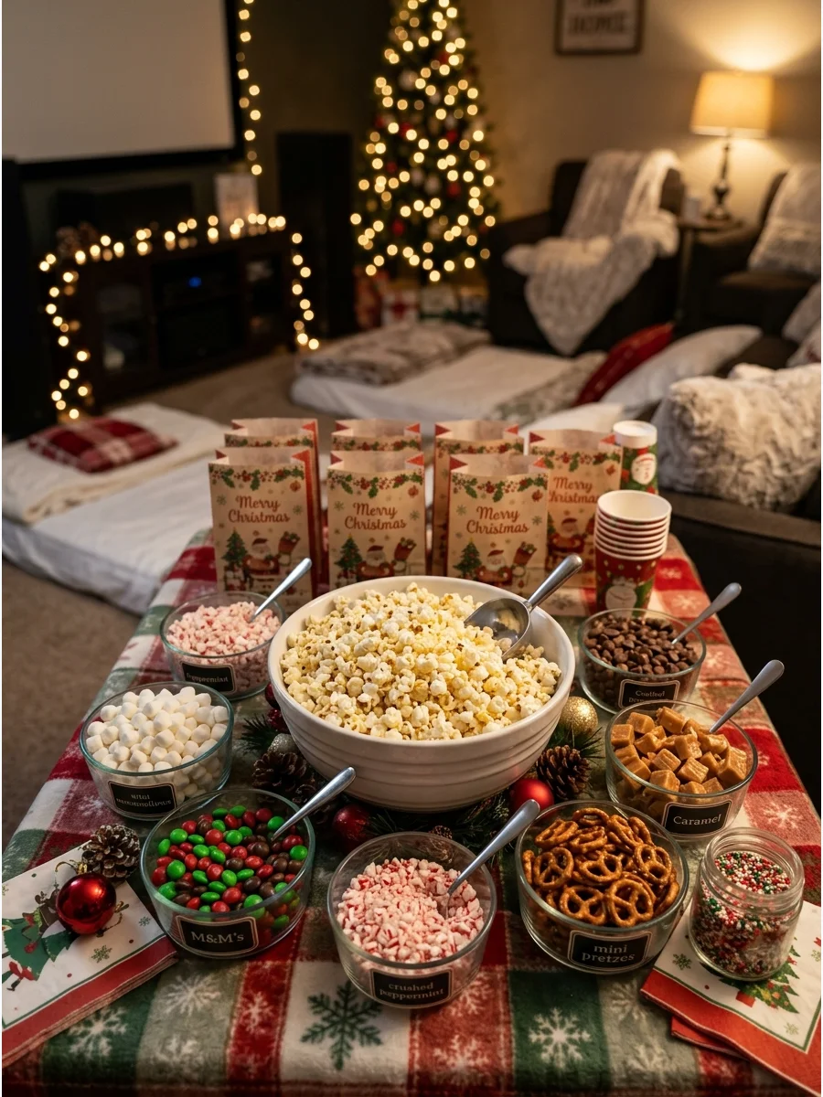 A popcorn station with various sweet and salty toppings in a home theater.