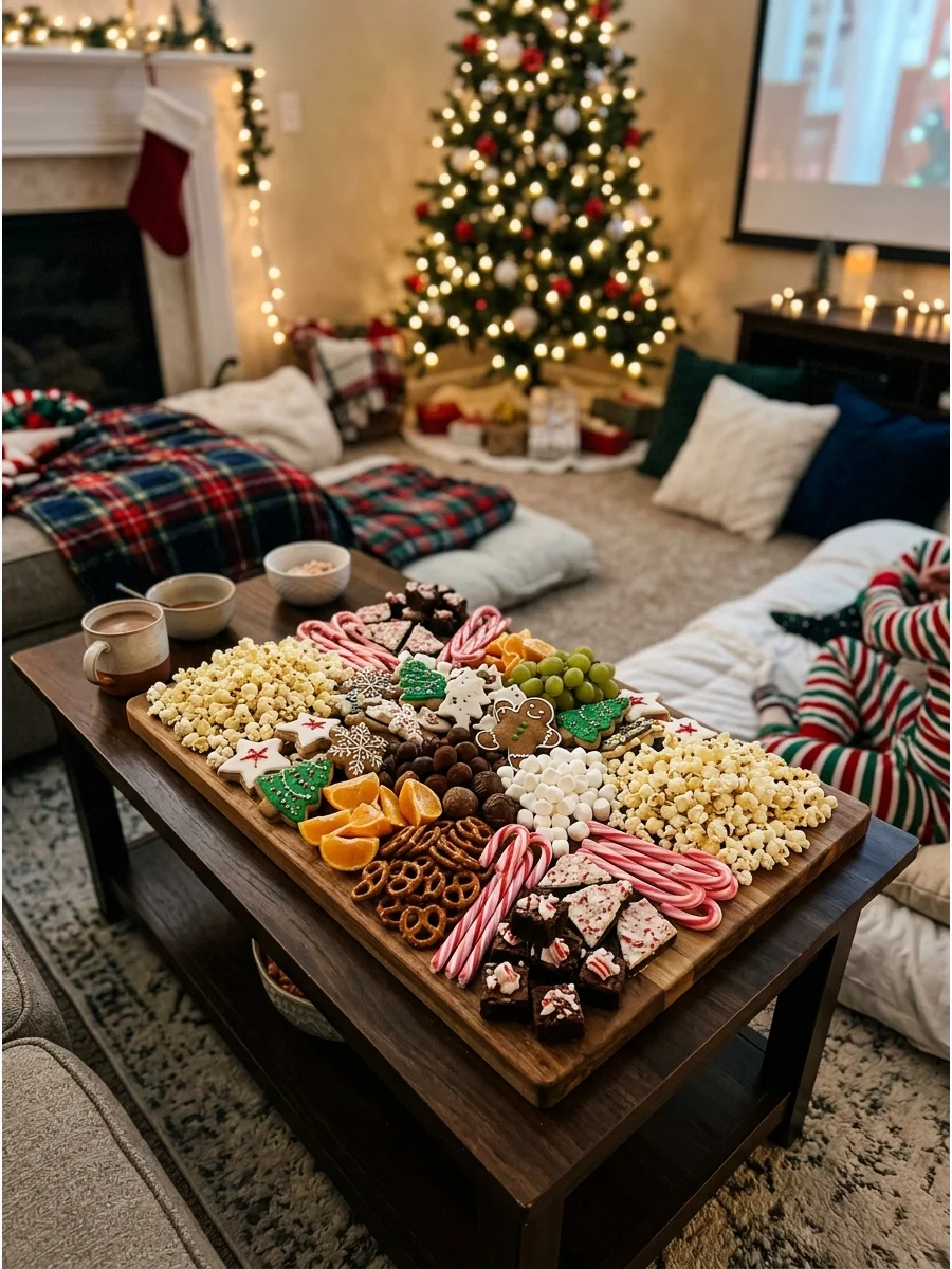 A festive charcuterie-style snack board with cookies, fruit, and pretzels.