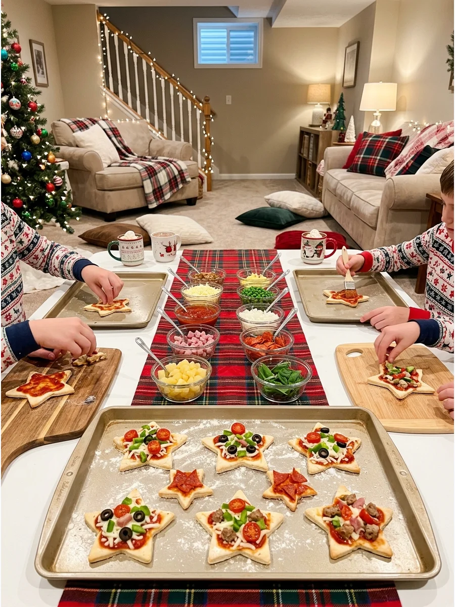 Individual star-shaped pizzas decorated with red and green vegetables.