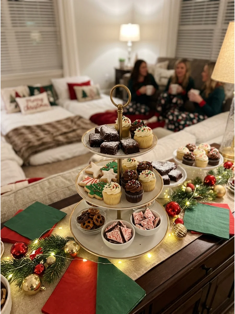 A dessert table featuring cupcakes and brownies with holiday decorations.