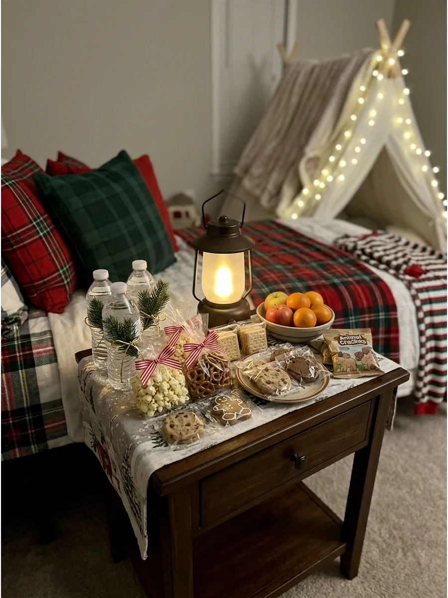 A simple late-night snack station with water and snacks on a bedroom table.