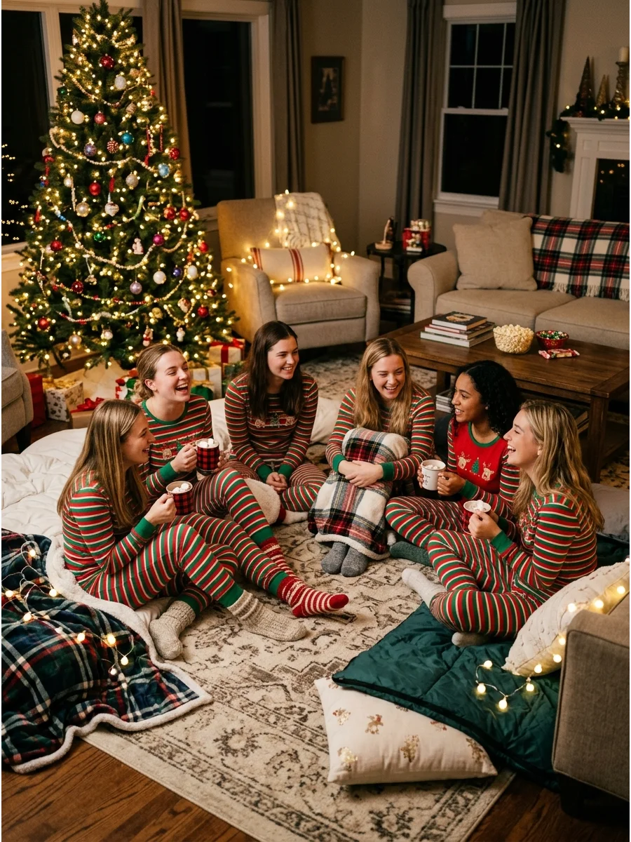 Friends in matching red and green striped pajamas sitting in a family room.
