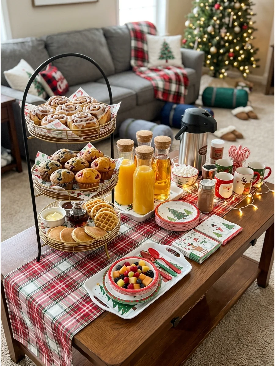 A Christmas morning breakfast table with cinnamon rolls and fruit.