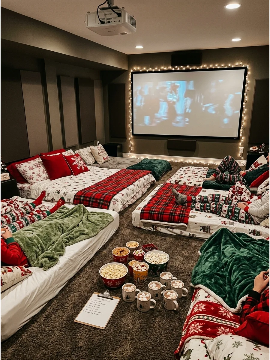 Cozy home theater setup with floor mattresses and Christmas pillows for a movie night.