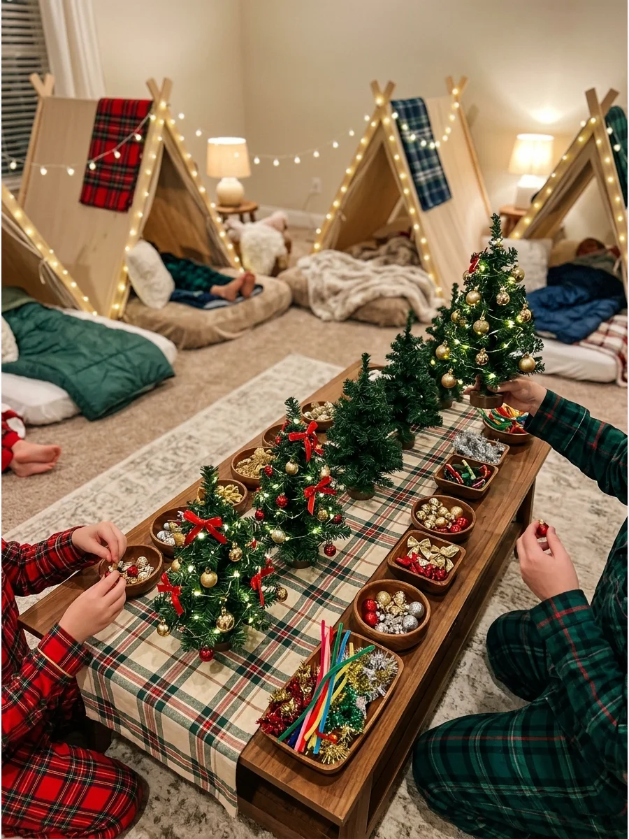 Miniature Christmas trees decorated with gold ornaments sitting on a family room table.
