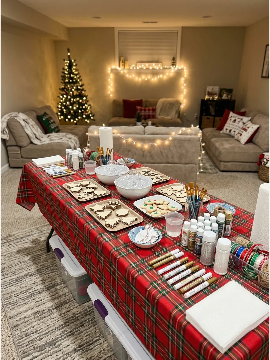 Craft supplies for making Christmas ornaments including clear baubles and white glitter.