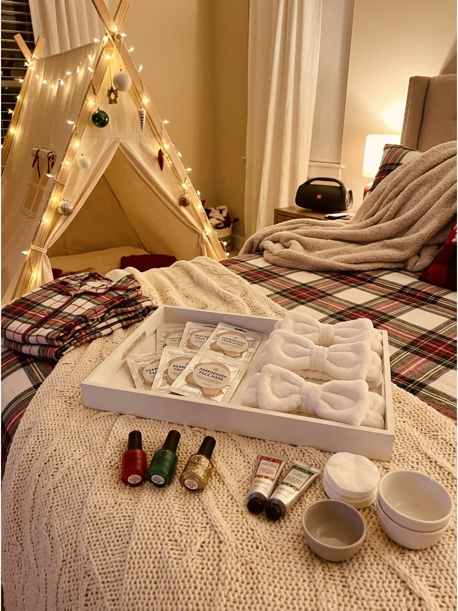 Holiday spa supplies including peppermint face masks and soft white headbands.