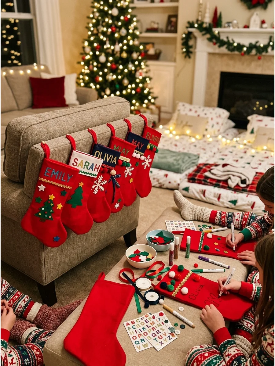 Personalized red felt stockings decorated with glitter glue and pom-poms.