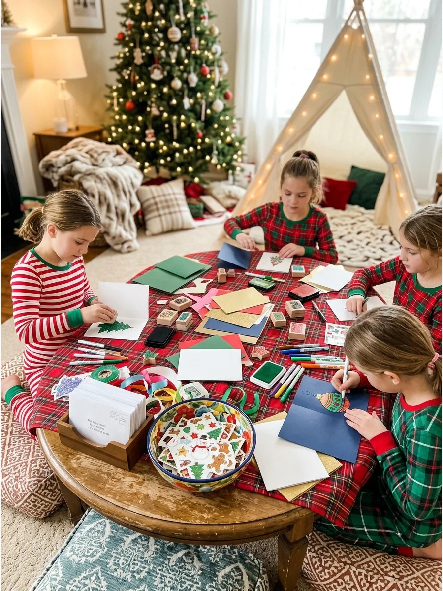 Christmas card making station with blank cards and festive rubber stamps.