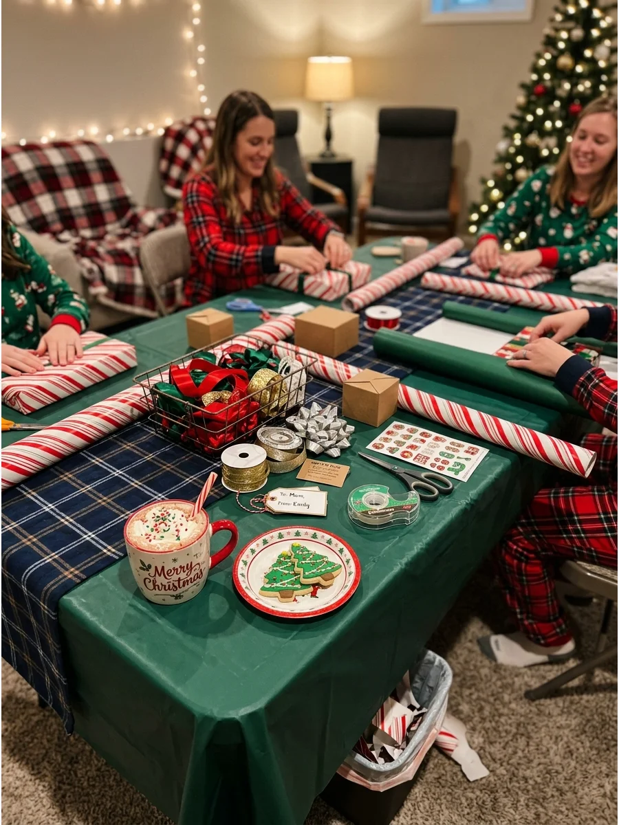 Gift wrapping station with candy cane paper and rolls of green ribbon.