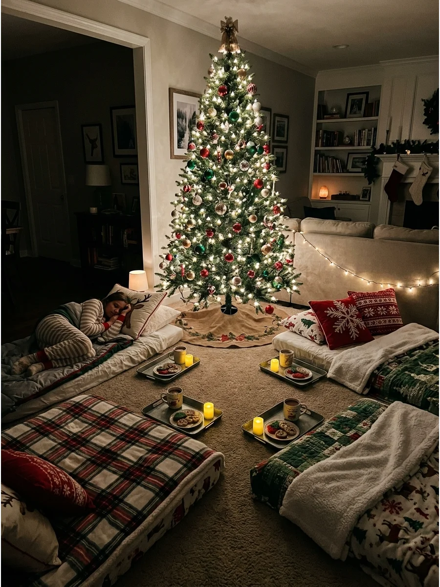 Sleeping bags placed around a glowing Christmas tree at night.