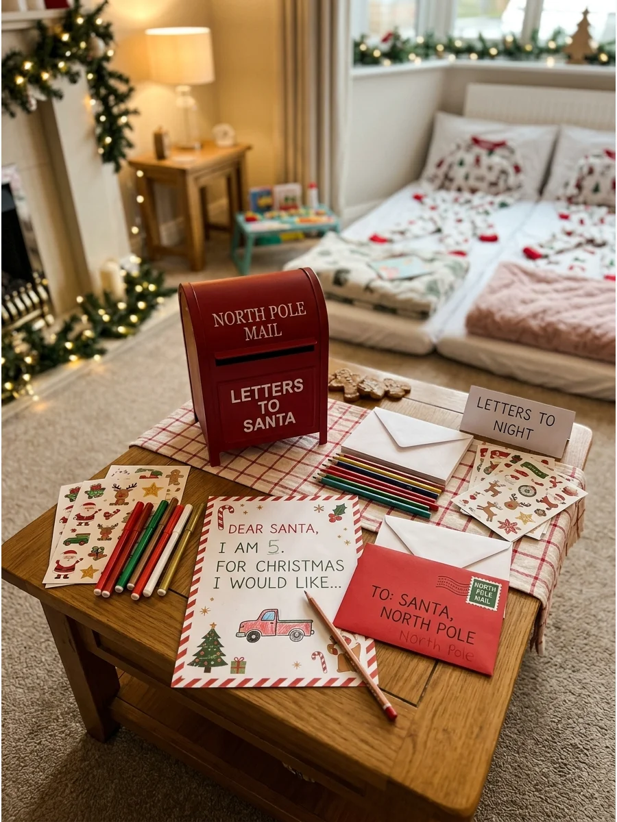 Letter writing station for Santa with a red mailbox and holiday stationery.