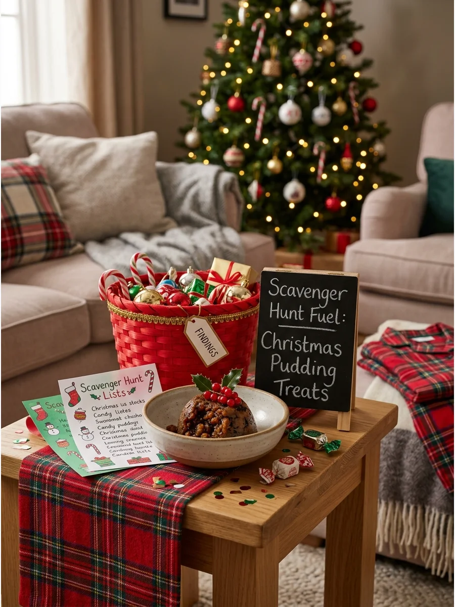 Children searching for hidden holiday items in a cozy living room.