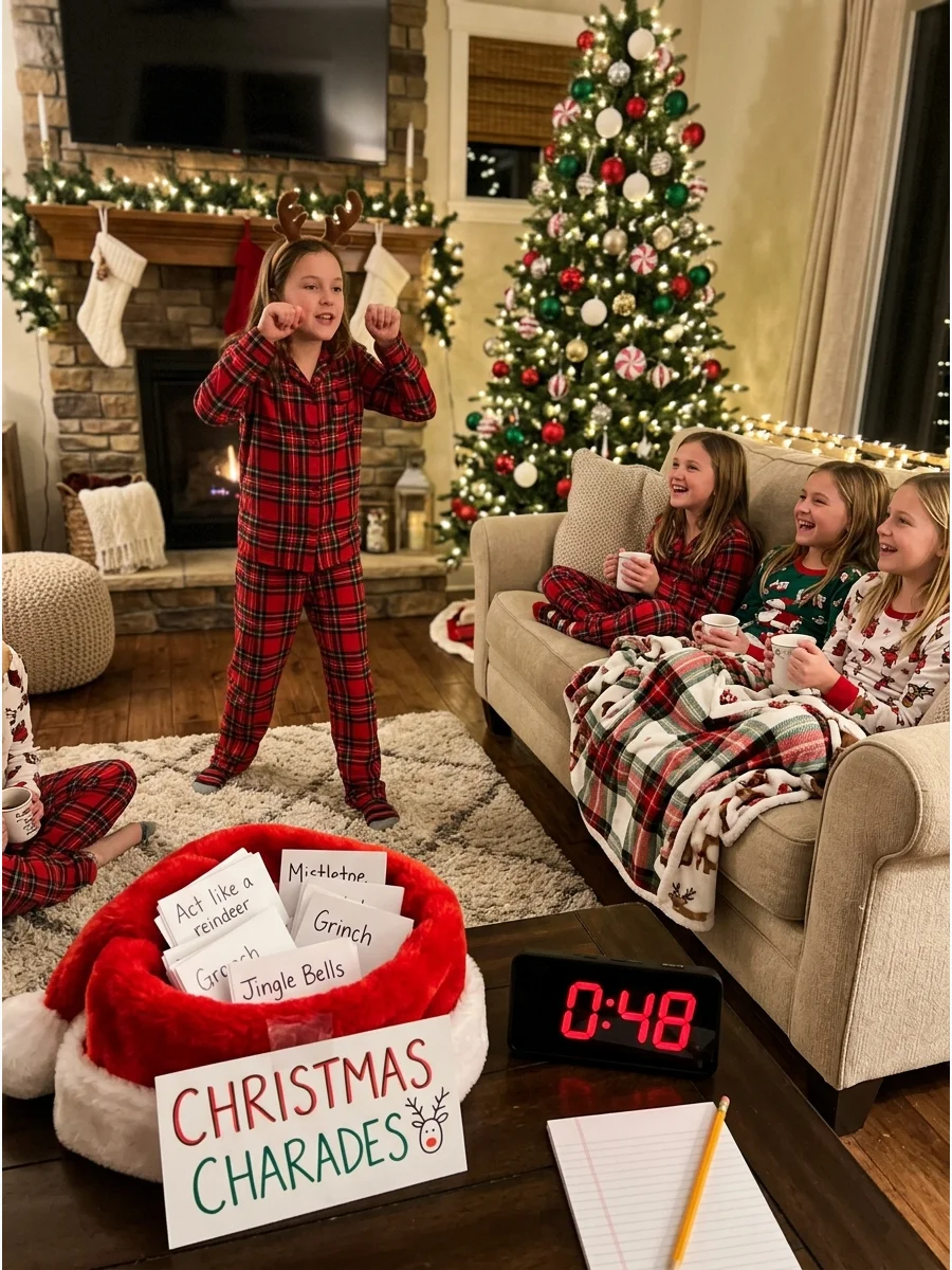 A girl acting out a holiday character for friends in a family room.