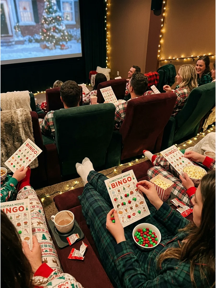 Guests playing bingo while watching a holiday movie at home.
