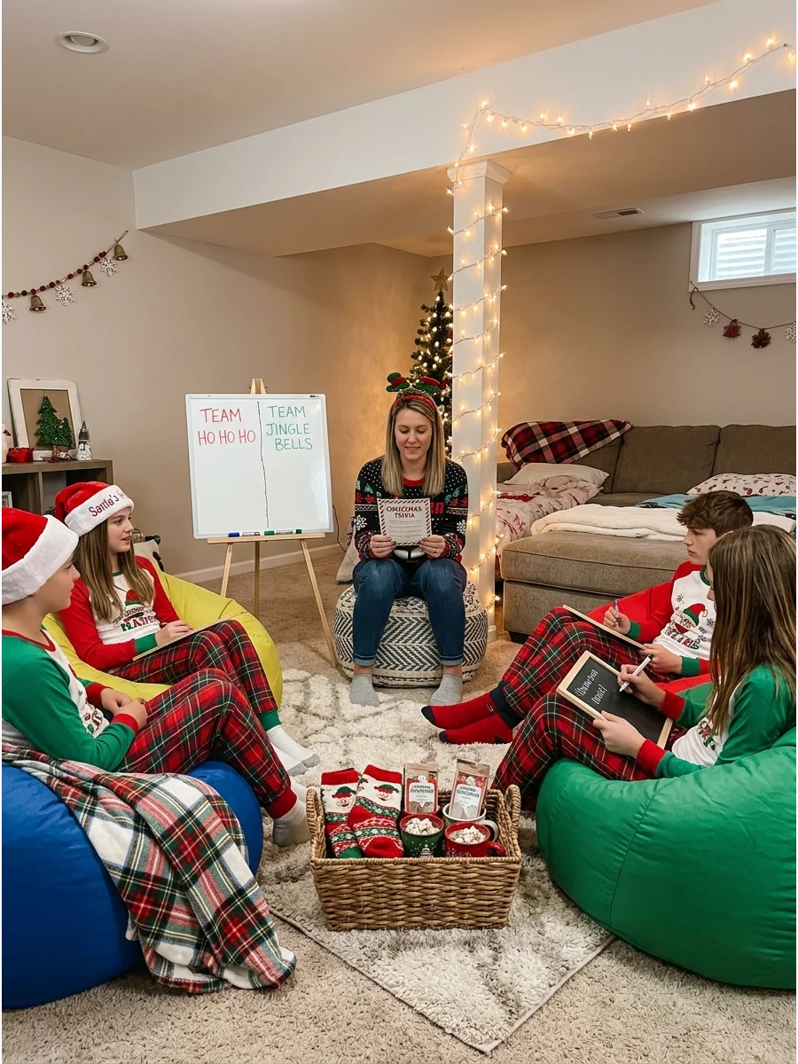 Teams competing in a holiday trivia game in a finished basement.