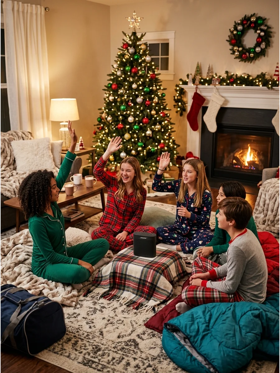Friends guessing holiday songs during a music game.