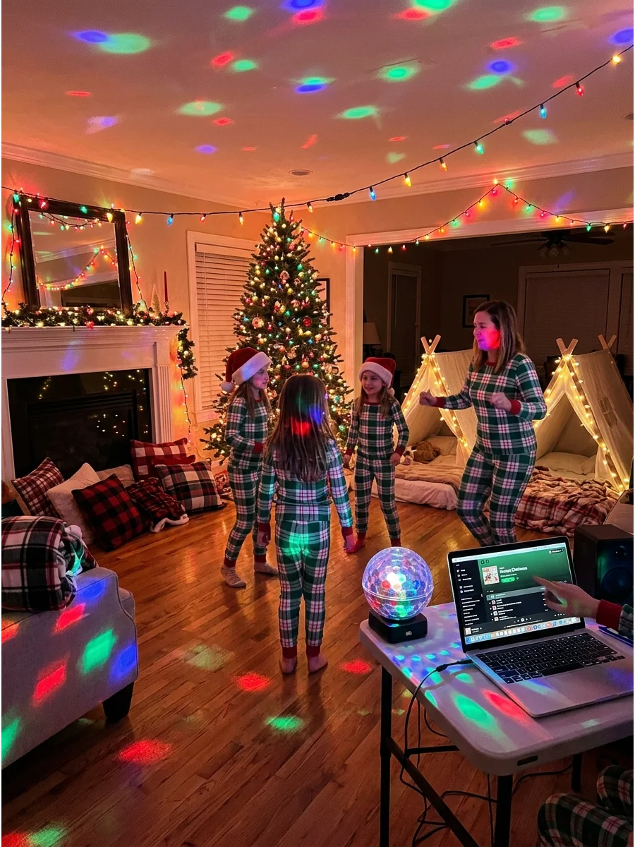 Guests dancing in pajamas during a holiday slumber party.