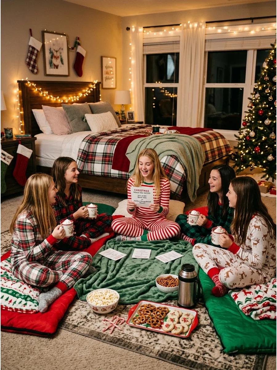 Guests participating in a holiday choice game in a bedroom.