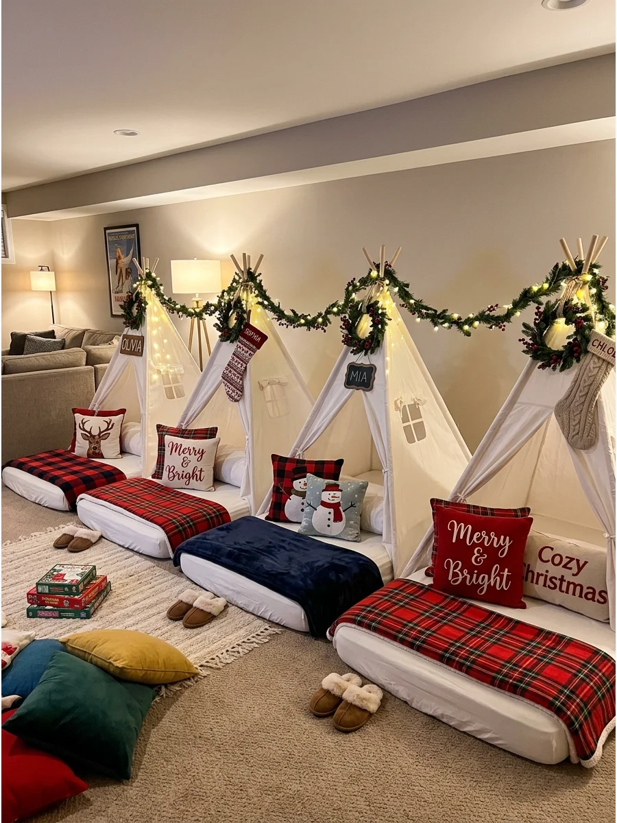 Indoor teepees decorated with holiday garland and fairy lights in a basement.