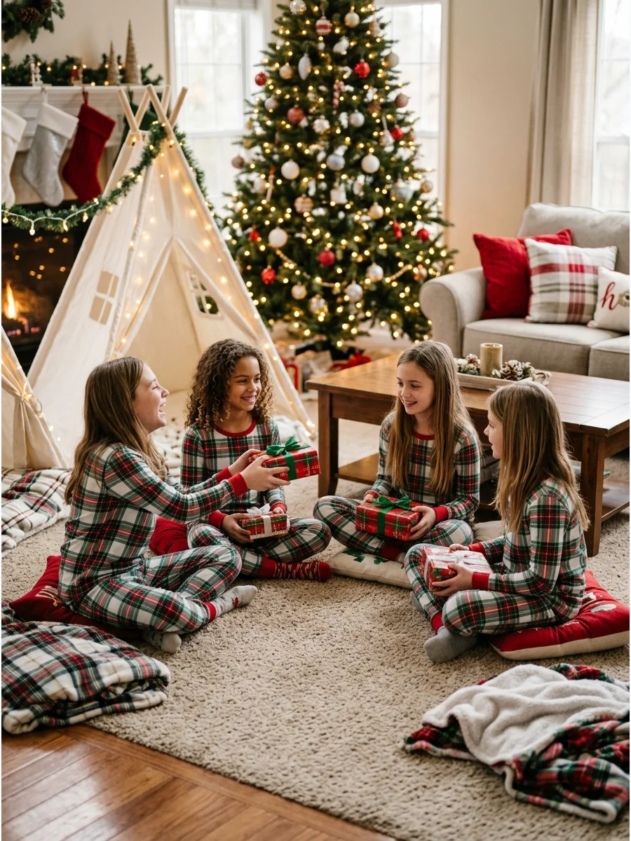 Guests exchanging wrapped gifts in a circle during a sleepover.