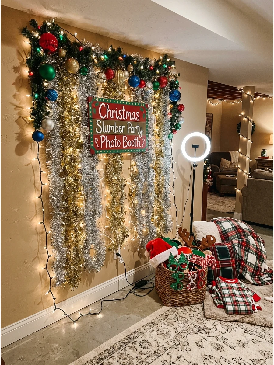 A festive photo booth area with a tinsel curtain and props.