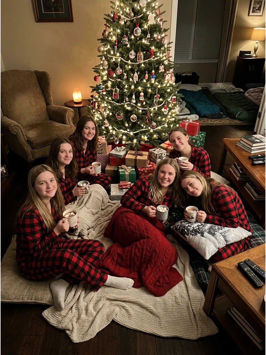 A group of friends in matching pajamas posing by a Christmas tree.