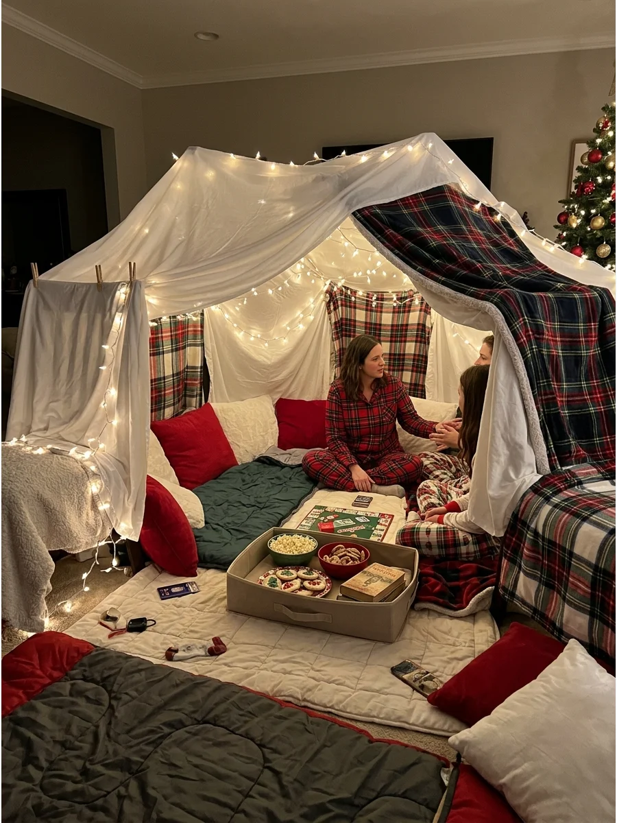 A large indoor blanket fort decorated with holiday lights.