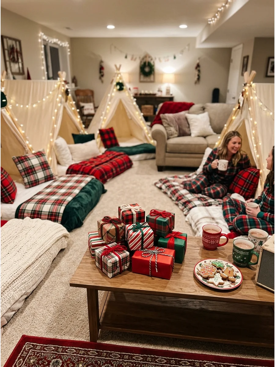 A collection of wrapped Secret Santa gifts on a table.