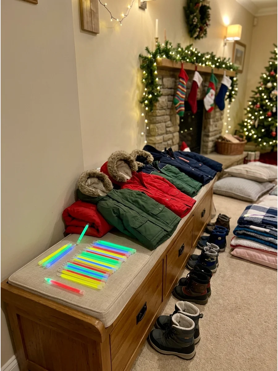 Winter coats and glow sticks prepared for a night walk.