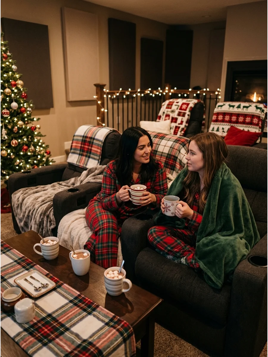 Hot cocoa mugs with marshmallows on a table in a home theater.
