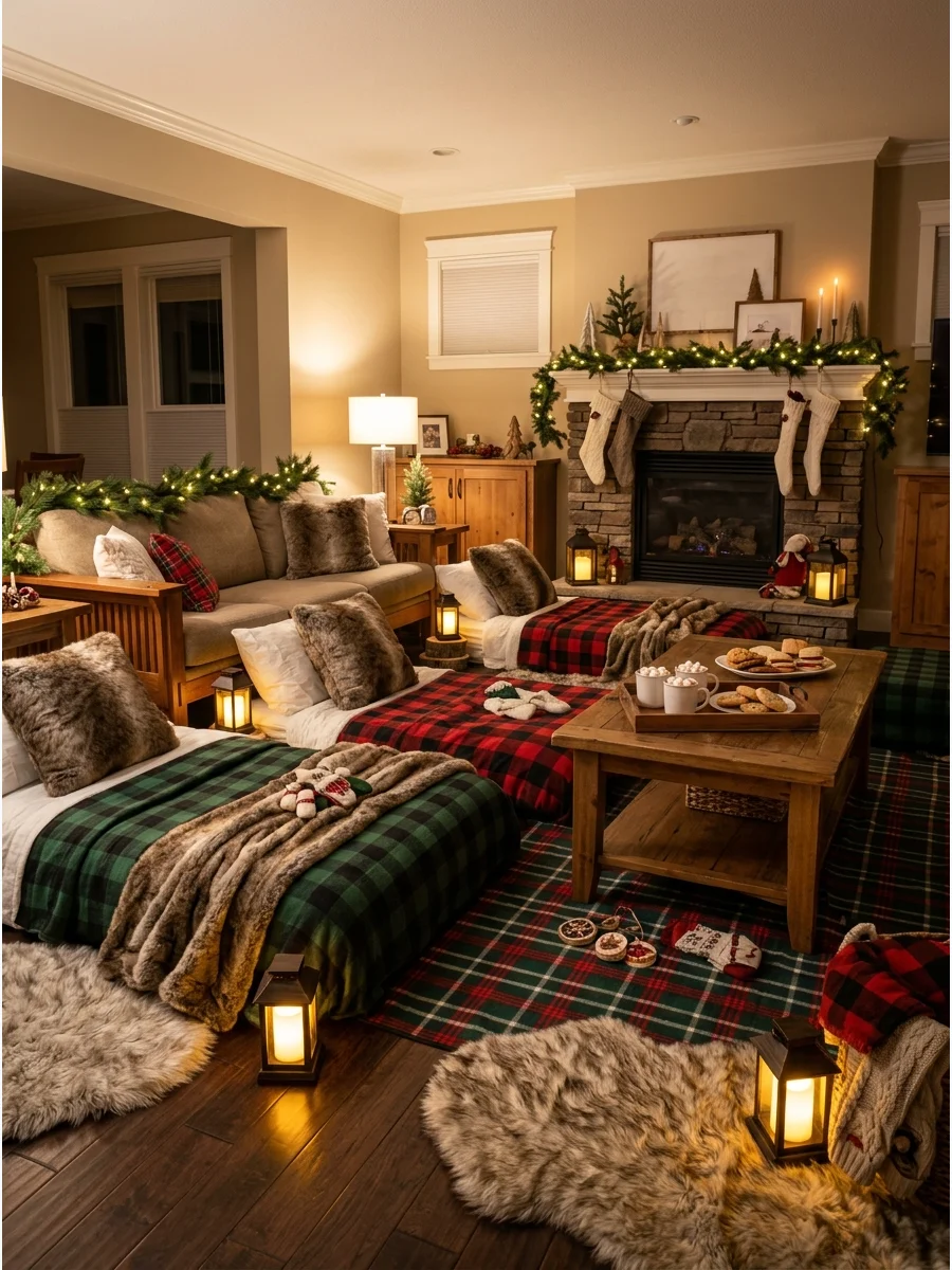 A rustic cabin-themed sleepover setup with plaid blankets and lanterns.