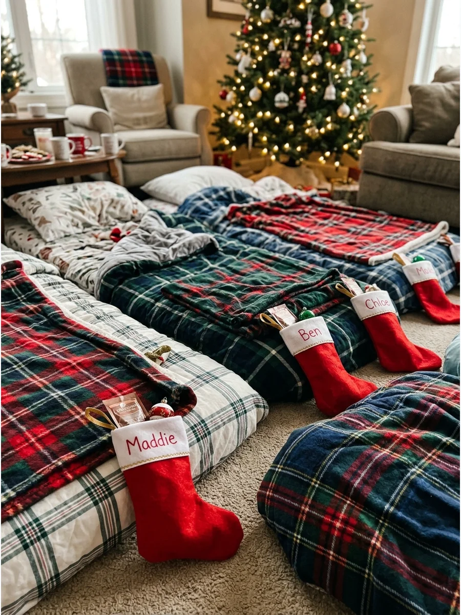 Mini stockings placed at the foot of sleeping bags as morning surprises.