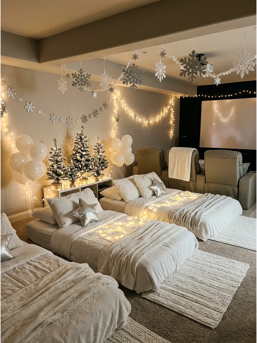 A white and silver winter wonderland sleepover setup in a home theater.