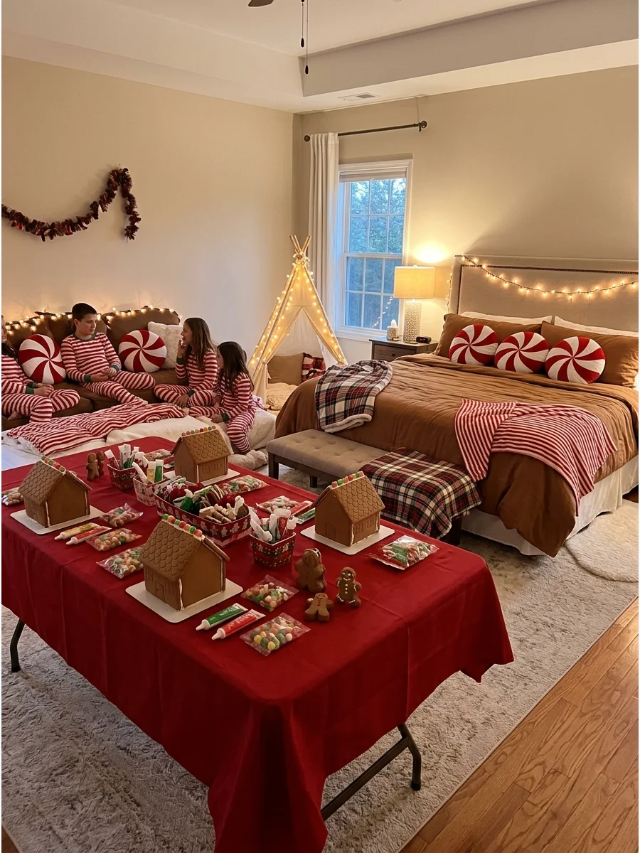 A gingerbread-themed sleepover with brown blankets and candy-shaped pillows.