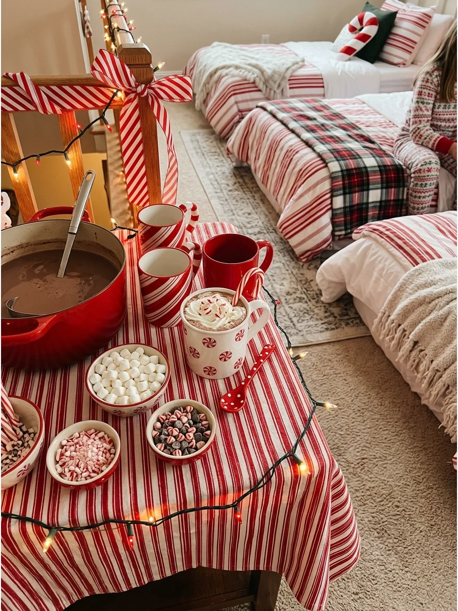 A candy cane-themed sleepover with red and white striped bedding.
