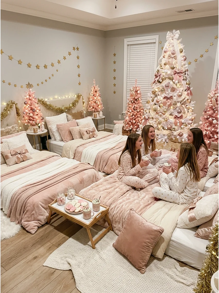 A pink and gold Christmas sleepover setup with a white tree.