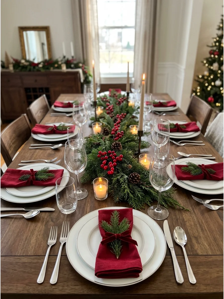 A traditional Christmas table with green branches and red accents.